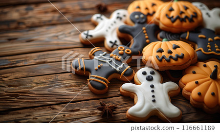 Colorful Halloween. Top view Halloween festive decorated icing gingerbread sugar cookies 116661189