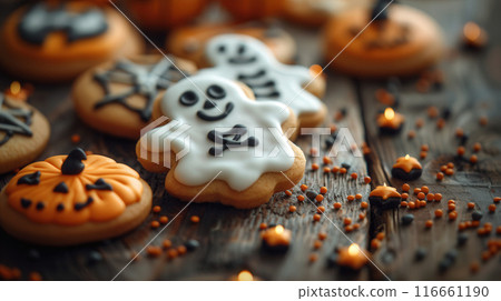 Colorful Halloween. Top view Halloween festive decorated icing gingerbread sugar cookies 116661190