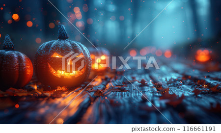 Happy Halloween, background animated pumpkins bright purple background spider web space for text 116661191