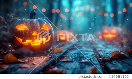 Happy Halloween, background animated pumpkins bright purple background spider web space for text 116661192