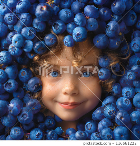 Smiling little boy face in ripe berries blueberries, berries. Diet, antioxidant, healthy vegan food 116661222