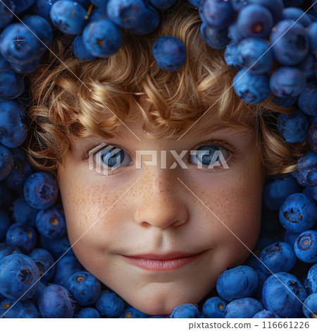 Smiling little boy face in ripe berries blueberries, berries. Diet, antioxidant, healthy vegan food Smiling little boy face in ripe berries blueberries, berries. Diet, antioxidant, healthy vegan food 116661226