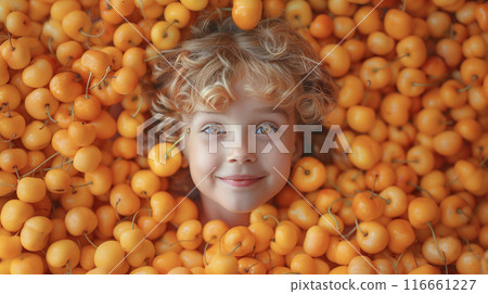 Baby face peeking through yellow cherry background with top down view smile. Cherry background 116661227