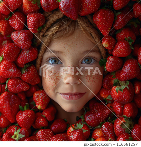 Little girl surrounded fresh ripe red strawberries, berries. Child enjoys organic fruits. Little girl surrounded fresh ripe red strawberries, berries. Child enjoys organic fruits. 116661257