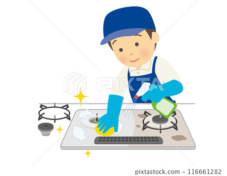 一名男工作人員作為管家清潔瓦斯爐 116661282