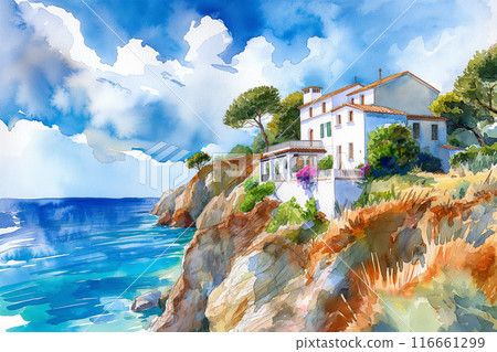 watercolor drawing of the Mediterranean coast and a white traditional house on a hil 116661299