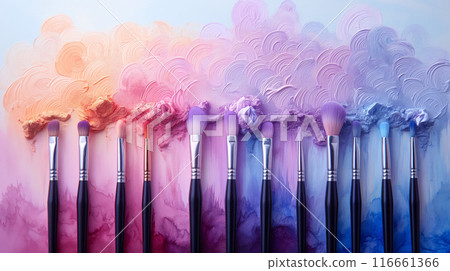 brushes in paints on a background of pastel colorful spots 116661366