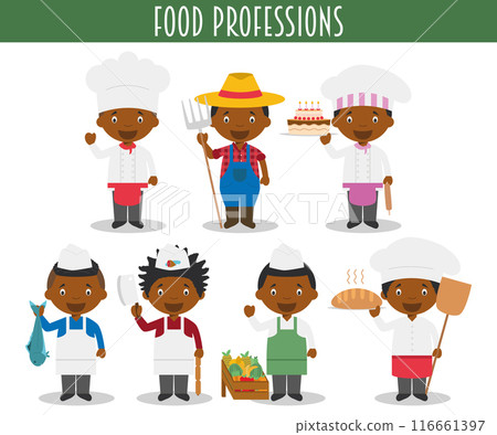 Vector Set of Food Industry Professions in cartoon style. Black or African American characters. 116661397