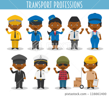 Vector Set of Transport Professions in cartoon style. Black or African American characters. Vector Set of Transport Professions in cartoon style. Black or African American characters. 116661400