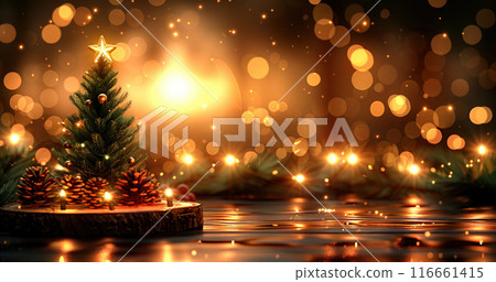 Christmas bokeh background light spots miniature Christmas tree and star. Christmas web banner 116661415