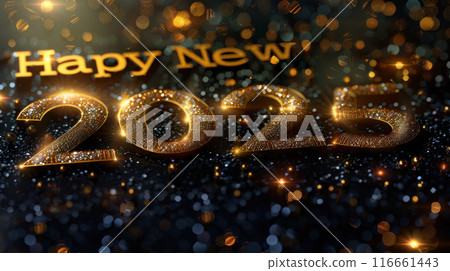2025 Happy new year greeting banner. Shining background. Holiday illustration golden numbers 116661443