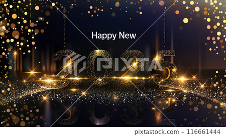 2025 Happy new year greeting banner. Shining background. Holiday illustration golden numbers 116661444