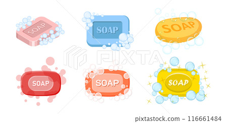 Bar of soap with foam icon set in flat style. Cosmetic product for hygienic vector illustration on isolated background. Toiletries sign business concept. Bar of soap with foam icon set in flat style. Cosmetic product for hygienic vector illustration on isolated background. Toiletries sign business concept. 116661484
