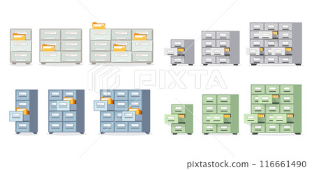 Office cabinet icon set in flat style. Furniture storage vector illustration on isolated background. Drawer sign business concept. 116661490