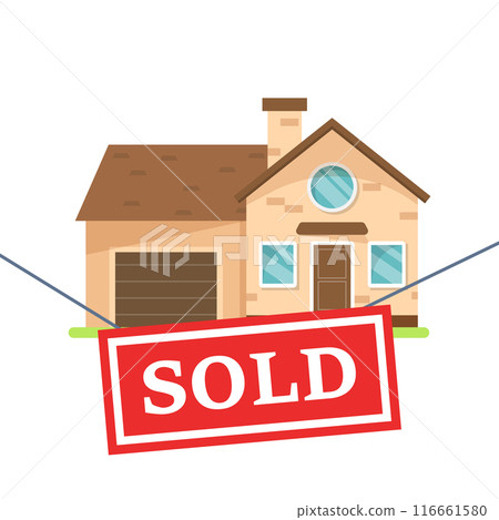 Real estate banner with house icon in flat style. Sale label vector illustration on isolated background. Sold sign business concept. Real estate banner with house icon in flat style. Sale label vector illustration on isolated background. Sold sign business concept. 116661580