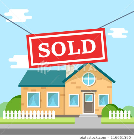 Real estate banner with house icon in flat style. Sale label vector illustration on isolated background. Sold sign business concept. 116661590