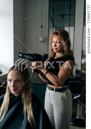 Vertical shot of professional female hairdresser drying and straightening long blonde client hair with comb and hairdryer in luxury beauty salon. Lady client getting stylish hairdo done at salon. Vertical shot of professional female hairdresser drying and straightening long blonde client hair with comb and hairdryer in luxury beauty salon. Lady client getting stylish hairdo done at salon. 116661727