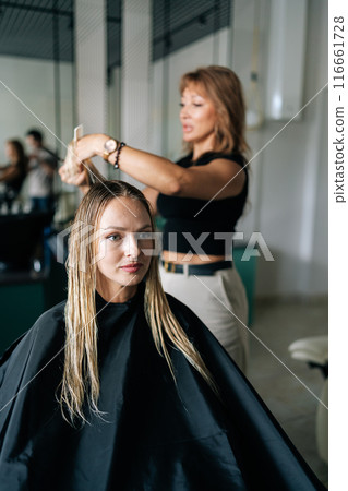 Vertical shot of female hairdresser making stylish haircut with professional scissors to young woman client with long straight blonde hair. Hairstylist cutting lady hair with barber scissors. 116661728