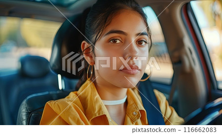A young woman with a focused expression sits in the driver's seat of a car 116662083