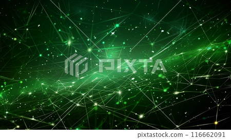 An abstract digital network of interconnected lines and points, glowing in shades of green 116662091