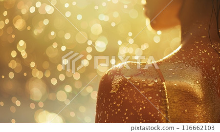 tanned bright skin woman body close up covered with small drops of water. tanned bright skin on the back, only one part of body withot face. 116662103