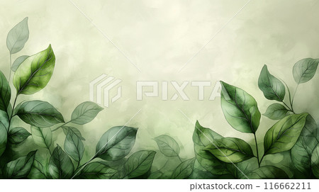 Watercolor drawing sophisticated leaf design on soft green background with ample copy space, backdrop for spring promotions Watercolor drawing sophisticated leaf design on soft green background with ample copy space, backdrop for spring promotions 116662211