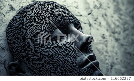 A human head composed entirely of text. Concept of Language, Human identity, ideas, communication, knowledge, and mental health. Generative AI. 116662257