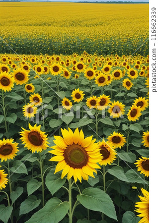 A sunflower field with depth, vertical orientation. AI generated material 116662339
