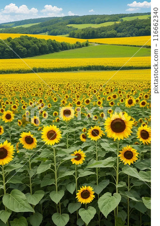 Vast sunflower field on the plateau, vertical orientation. AI-generated material 116662340
