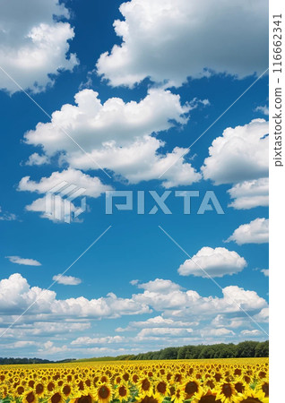 Summer sky and sunflower field, vertical orientation. AI generated material 116662341