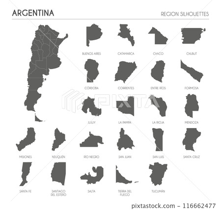 Argentina region silhouettes set and blank map of the country isolated on white background. Vector illustration design 116662477