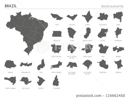 Brazil region silhouettes set and blank map of the country isolated on white background. Vector illustration design Brazil region silhouettes set and blank map of the country isolated on white background. Vector illustration design 116662488