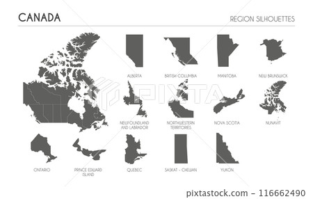Canada region silhouettes set and blank map of the country isolated on white background. Vector illustration design Canada region silhouettes set and blank map of the country isolated on white background. Vector illustration design 116662490