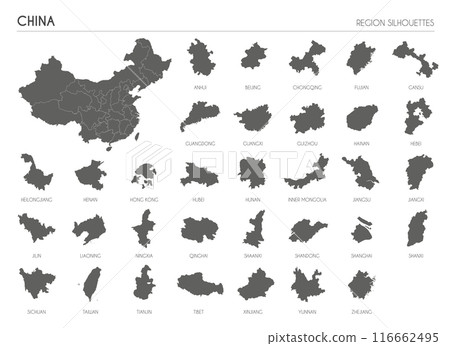 China region silhouettes set and blank map of the country isolated on white background. Vector illustration design China region silhouettes set and blank map of the country isolated on white background. Vector illustration design 116662495