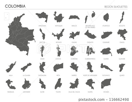 Colombia region silhouettes set and blank map of the country isolated on white background. Vector illustration design Colombia region silhouettes set and blank map of the country isolated on white background. Vector illustration design 116662498