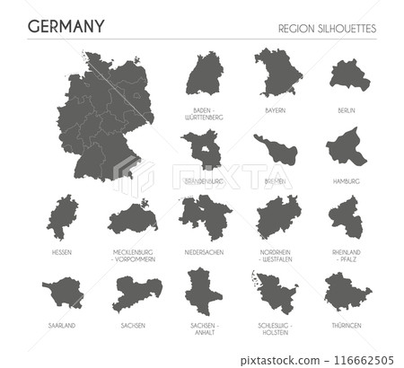 Germany region silhouettes set and blank map of the country isolated on white background. Vector illustration design Germany region silhouettes set and blank map of the country isolated on white background. Vector illustration design 116662505