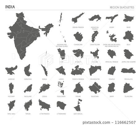 India region silhouettes set and blank map of the country isolated on white background. Vector illustration design 116662507