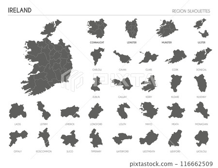 Ireland region silhouettes set and blank map of the country isolated on white background. Vector illustration design Ireland region silhouettes set and blank map of the country isolated on white background. Vector illustration design 116662509