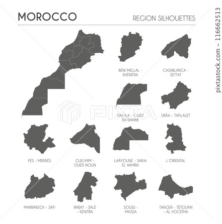 Morocco region silhouettes set and blank map of the country isolated on white background. Vector illustration design 116662513