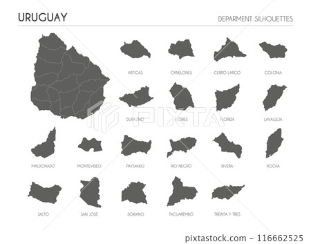 Uruguay region silhouettes set and blank map of the country isolated on white background. Vector illustration design 116662525