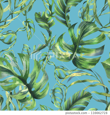 Tropical coconut, banana palm leaves, monstera, monkey mask, frangipani, bright juicy green. Hand drawn watercolor botanical illustration. Seamless pattern on a blue background. 116662728