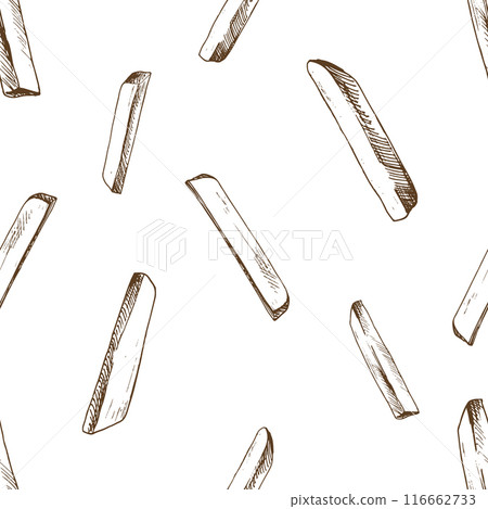 White potato slices, peeled, long sticks for French fries. Graphic illustration hand drawn in brown ink. Seamless pattern EPS vector on the theme of food, packaging, vegetable shop design. White potato slices, peeled, long sticks for French fries. Graphic illustration hand drawn in brown ink. Seamless pattern EPS vector on the theme of food, packaging, vegetable shop design. 116662733
