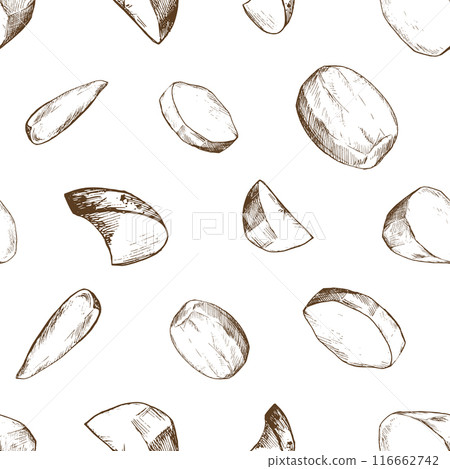 White potatoes, peeled whole tuber and slices. Graphic illustration hand drawn in brown ink. Seamless pattern EPS vector on the theme of harvest cooking, food, packaging, vegetable shop design. White potatoes, peeled whole tuber and slices. Graphic illustration hand drawn in brown ink. Seamless pattern EPS vector on the theme of harvest cooking, food, packaging, vegetable shop design. 116662742