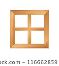Square four-section wooden window isolated on white background. Wood texture planks 116662859