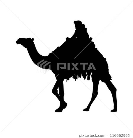 A black silhouette of a traveler riding camel A black silhouette of a traveler riding camel 116662965