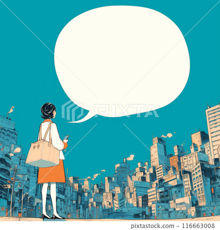 一個女人走在城市和一個講話泡泡 一個女人走在城市和一個講話泡泡 116663008