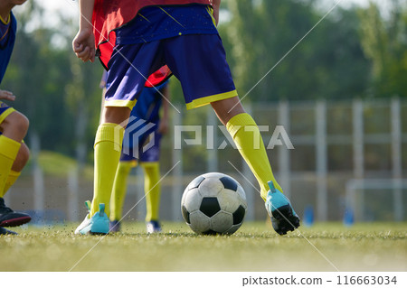 Focused on legs in sportswear, soccer players in motion with ball on field, playing, dribbling ball. Sport school 116663034