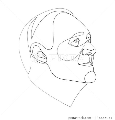Continuous line drawing of senior man smiling portrait. One line vector of a person's face. Line art of an adult man's face. Continuous line drawing of senior man smiling portrait. One line vector of a person's face. Line art of an adult man's face. 116663055