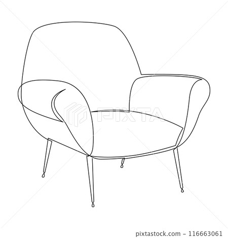 One continuous line drawing of armchair. Scandinavian furniture in simple linear style. Vector illustration. One continuous line drawing of armchair. Scandinavian furniture in simple linear style. Vector illustration. 116663061