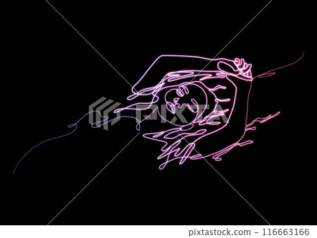 Woman floating in water or taking spa bath drawn by glowing neon continuous one line. Concept of beauty treatments, self care, sensory deprivation. 116663166